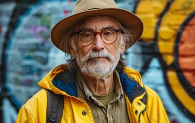 A man wearing a yellow jacket and a hat is standing in front of a graffiti wall. He has a beard and a mustache, and he is wearing glasses