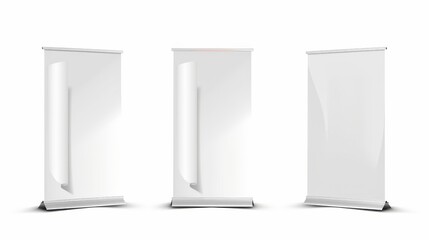 Poster - A 3D illustration of blank advertising stands isolated on a white background. Modern realistic illustration of trade show booth equipment, a banner mockup for presenting a product, and a pop up