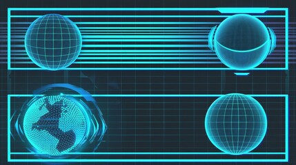 Poster - Graphic design modern illustration of retrowave banners. Modern illustration of y2k style posters with blue wireframe globes, grey lines, retro futuristic flyers with geometric 3D elements.