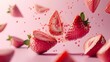 levitating Strawberries cutted pieces, separated, pastel color background, professional studio photography, hyperrealistic, minimalism, negative space, high detailed, sharp focus