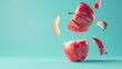 levitating Apple cutted pieces, separated, pastel color background, professional studio photography, hyperrealistic, minimalism, negative space, high detailed, sharp focus