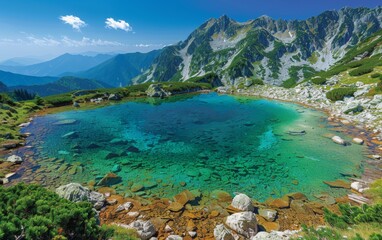 Wall Mural - A large body of water surrounded by mountains. The water is clear and calm, and the mountains in the background create a serene and peaceful atmosphere