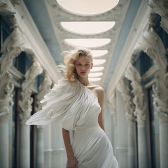 Portrait of a woman in a white dress. The young blonde model shows off a beautiful white angelic dress in the style of a modern take on the Greek goddess toga. Copy space