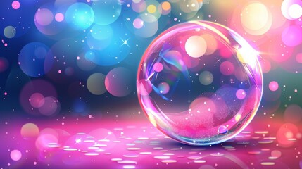 Poster - Modern illustration of a 3D pink transparent soap ball. Rainbow water bubble with foam texture. Magic bokeh laundry illustration with sparkles.