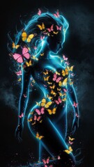 Canvas Print - Silhouette of a girl and butterflies around