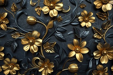 Wall Mural - 3d render, abstract black gold vintage floral background embossed, medieval botanical pattern, forged metallic tile, ancient ironwork, tropical flowers