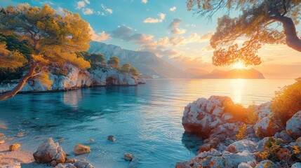 Bright spring view of the Cameo Island. Picturesque morning scene on the Port Sostis,