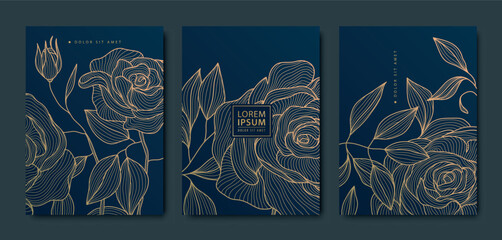 Wall Mural - vector set of line gold art flowers, luxury glitter roses on dark, floral japanese pattern. card, wa