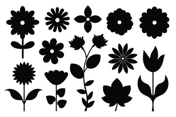 Set of Flowers black Silhouette Design with white Background and Vector Illustration