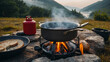 camping cooking in nature outdoor, prepare breakfast picnic in mist morning