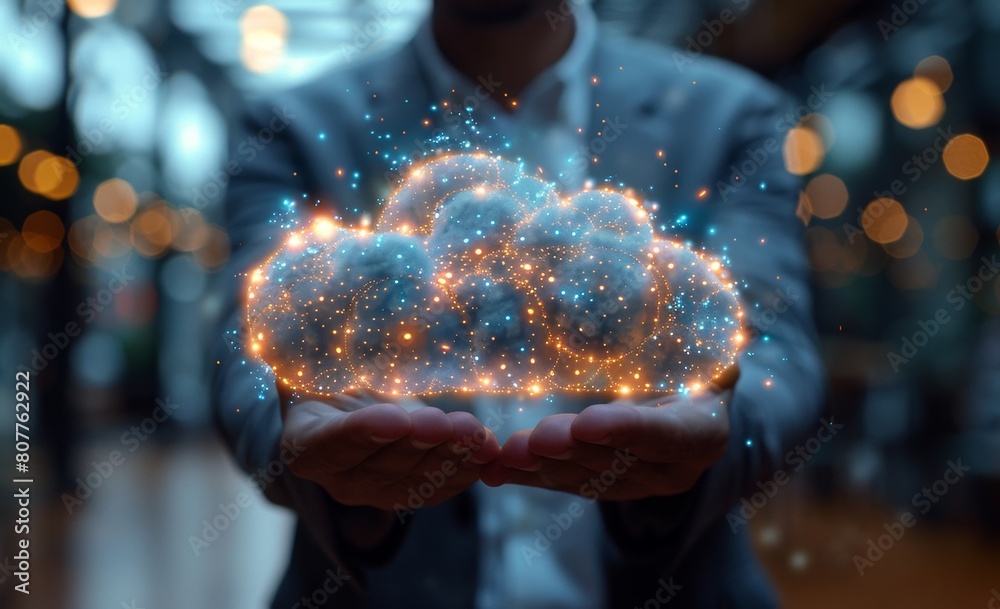 A professional interacts with a futuristic cloud computing interface ...
