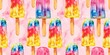 Summer seamless background with colorful delicious ice cream popsicle on a stick, frozen fruit juice. Colorful watercolor illustration on a pastel soft pink sweets background for a hot summer day.