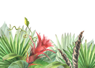 Wall Mural - Tropical leaves and flowers banner, bromeliad, palm leaf, calathea, exotic creeper, home plant card template Jungle greenery floral clipart. Watercolor painted illustration Isolated white background. 