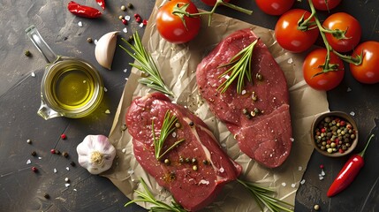 Wall Mural - Fresh raw steaks ready for cooking, surrounded by tomatoes, herbs, and spices. Rustic kitchen scene captured from above. Culinary delights prepared at home. AI