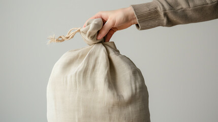 A person holds a sack bag made from natural organic textiles in his hand.