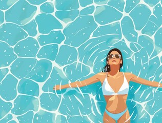 Wall Mural - A woman is floating in a pool with her arms outstretched. The water is turquoise and its a sunny day. Concept of relaxation and holiday