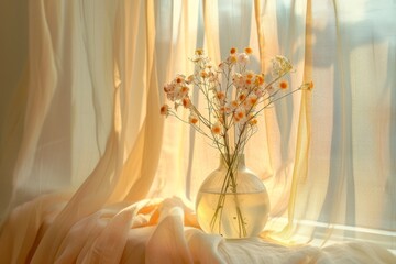 Wall Mural - A vase of flowers sits on a table next to a curtain. The flowers are yellow and white and are in a clear vase. The scene is bright and cheerful