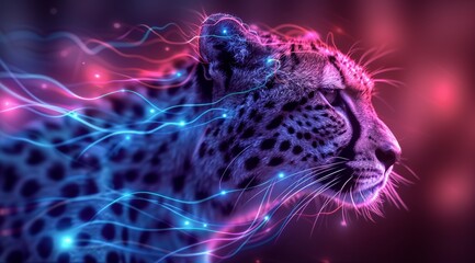 Sticker - A leopard is shown in a colorful, neon background