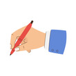 A hand is holding a red pen and writing