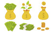 A set with bags of money, with a plant, with a dollar sign. Stack of banknotes, coins. American dollars, cash, green bills,
