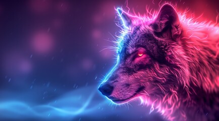 Wall Mural - A wolf with a glowing red eye is staring at the camera