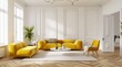 © Bambalino Studio - A yellow living room with a white wall and a yellow couch. The room is very bright and inviting