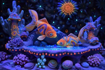 Wall Mural - A fish tank with two fish and a mushroom