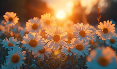 Wall Mural - A field of pink and white flowers with the sun shining on them