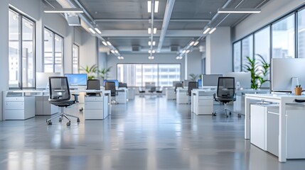 Wall Mural - a modern office interior with white desks and chairs, featuring large windows that create an open sp