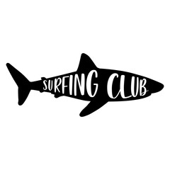 Sticker - Logo club de surf. Texto Surfing Club con silueta de tiburón