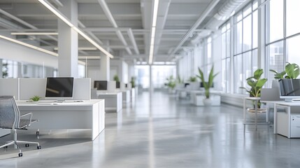 Wall Mural - a modern office interior with white desks and chairs, featuring large windows that create an open sp