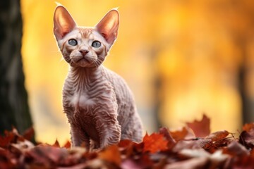 Wall Mural - Full-length portrait photography of a happy devon rex cat tail wagging isolated onn autumn foliage background