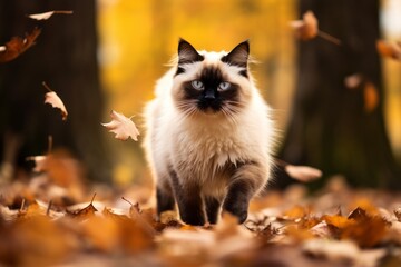 Lifestyle portrait photography of a funny balinese cat string chasing in front ofn autumn foliage background