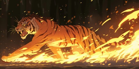 Sticker - A tiger is running through a fire, with its claws digging into the ground