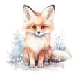 Watercolor cute fox in a snowy setting, framed by frosted trees, isolated on white background.