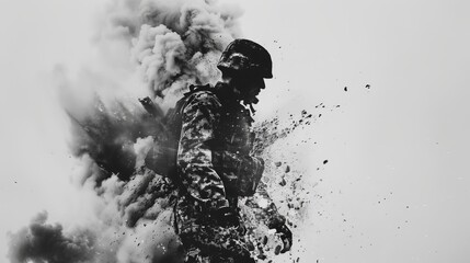 A man in a military uniform is standing in a cloud of smoke. Concept of chaos and destruction, with the man's presence in the midst of the smoke and debris