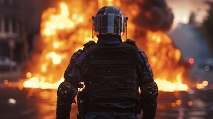 A man in a black uniform stands in front of a burning building