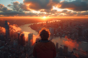 Wall Mural - A person is standing on a rooftop looking out over a city with a beautiful sunse