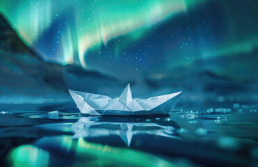 Poster - A delicate white leaf-shaped paper boat floats on the water, surrounded by blue-green aurora