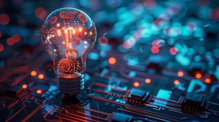 Wall Mural - Creativity and Design: A 3D vector illustration of a lightbulb with gears and a computer chip inside