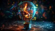 © MAY - Creativity and Design: A 3D vector illustration of a lightbulb with musical notes and instruments inside