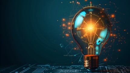 Wall Mural - Creativity and Design: A 3D vector illustration of a lightbulb with a compass and blueprint inside