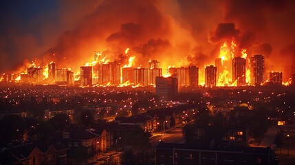 Wall Mural - A city is on fire with many buildings in flames