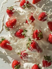 Wall Mural -  strawberries flying through a yoghurt , milk splashes