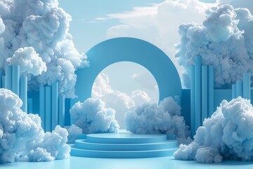 Wall Mural - Abstract 3D podium design in blue with cloud motifs, on a dreamy pastel background