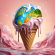 AI generated illustration of Earth melting in an ice cream cone, symbolizing climate change