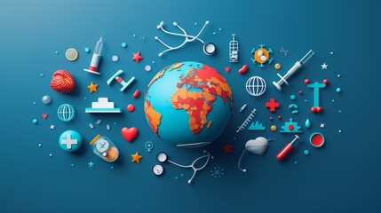 Wall Mural - Global Health: A 3D vector illustration of a world globe surrounded by medical icons like a stethoscope