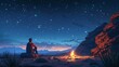 Travel and Exploration: A 3D vector illustration of a traveler camping under the stars in a desert