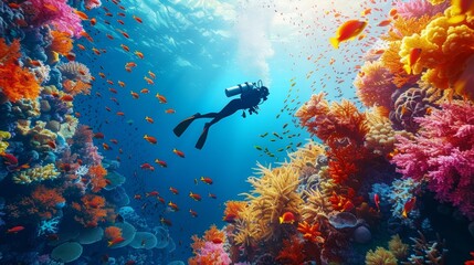 Wall Mural - Travel and Exploration: A 3D vector illustration of a traveler scuba diving in a vibrant coral reef