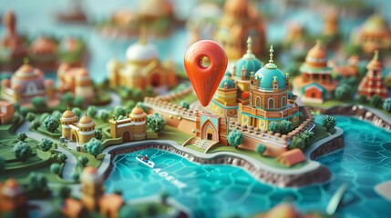 Wall Mural - Travel Destination: A 3D vector illustration of a map with a pin highlighting a cultural travel destination